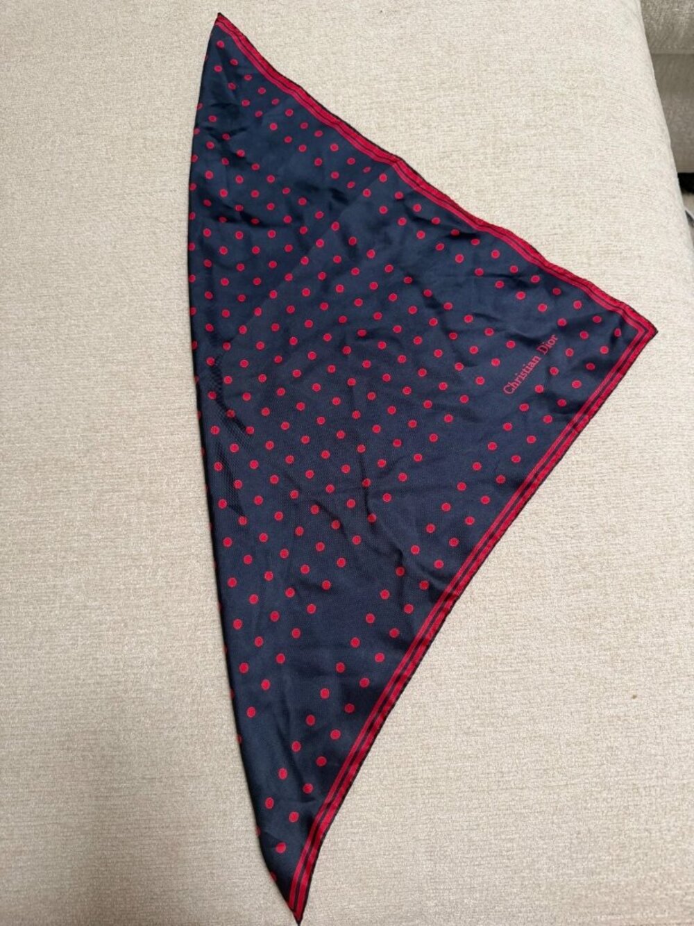 Vintage Christian Dior Silk Small Neck Scarf / Bandana Navy Blue Red Polka Dot